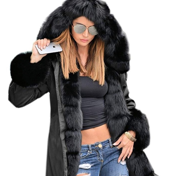 Jackets & Blazers - Black Winter Thicken Faux Fur Hooded Plus